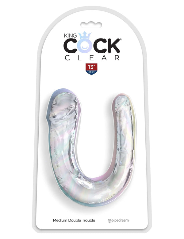 King Cock® Clear Medium Double Trouble Dildo in packaging, featuring a flexible, realistic, translucent double-ended design.