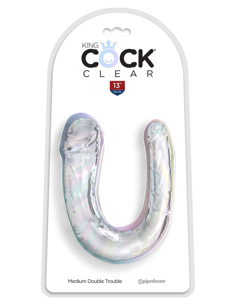 King Cock® Clear Medium Double Trouble Dildo in packaging, featuring a flexible, realistic, translucent double-ended design.