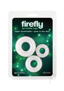 Firefly Bubble Ring Glow in the Dark Cock Ring Set White featuring three stretchy rings in packaging.
