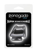 Renegade Piper Silicone Ball Stretcher Cock Ring Black packaging showcasing its super stretchable design.