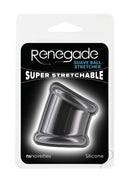 Renegade Suave Silicone Ball Stretcher Cock Ring Black packaging featuring super stretchable silicone design
