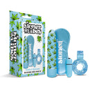 Stoner Vibes Stash Kit Kush And Smush Vibrator Set showcases a blue vibrator with weed-leaf design and playful accessories.