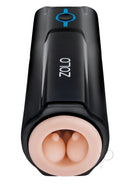 Zolo BJ Blaster Rechargeable Mouth Masturbator Black showing multi-ribbed sleeve for enhanced sensation.