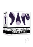 Panty Party Silicone Panty Vibrator with Remote Purple packaging showcasing remote and vibrator features.