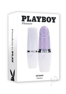 Playboy Getaway Silicone Lipstick Vibrator White/Lavender in packaging, highlighting its elegant design and travel-friendly features.