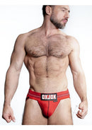 Oxballs Slingjock Slider Jock Strap Red Hot XLarge worn by a model, showcasing comfort and support in red.