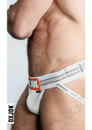 Oxballs Slingjock Slider Jock Strap White Snow XLarge showcased on a model from the side, highlighting its design and fit.