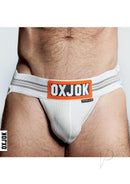 Oxballs Slingjock Slider Jock Strap White Snow XXLarge displayed on a model, emphasizing comfort and support.