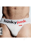 Oxballs Hunker Comfy Pouch Slider-Strap Jock White Small modeled on a male torso for showcase.