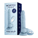 FemmeFunn Vortex Turbo Baller 8.25 inch Rotating Dildo Blue with suction base and packaging displayed.