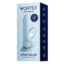 FemmeFunn Vortex Turbo Baller 8.25 inch Rotating Dildo Blue packaging with suction base and vibration features.