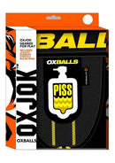 Oxballs PissPig 3D Rubber Urinal Jock Black Yellow Medium packaging featuring bold design and logo.