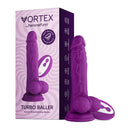 FemmeFunn Vortex Turbo Baller 8.25 inch Rotating Dildo Purple with suction base and box packaging