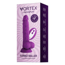 FemmeFunn Vortex Turbo Baller 8.25 inch Rotating Dildo Purple packaging with suction base and vibrating feature.