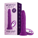 FemmeFunn Vortex Turbo Shaft 2.0 8 inch Vibrating Rotating Dildo Purple in packaging with suction base and remote.