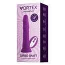 FemmeFunn Vortex Turbo Shaft 2.0 8 inch Vibrating Rotating Dildo Purple in packaging showcasing features and design.