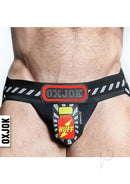 Oxballs Popper Jock 3D Rubber Huffer Jock Black Red Medium showcasing front view with bold branding and design details.