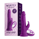 FemmeFunn Vortex Turbo Rabbit Vibrating Dildo Purple displayed with packaging and remote control.
