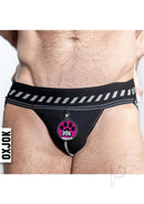 Oxballs Dog Pack Pup Taggers 7-Tag Jock Black Silver Small jockstrap showcasing paw tag in black and silver.