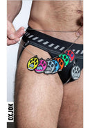 Oxballs Dog Pack Pup Taggers 7-Tag Jock Black Silver Small with colorful rubber paw tags.