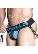 Oxballs Airmesh Swagger Jock Strap Sky Blue Large shown on model with tri-fold pouch for comfort and style.