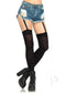 Leg Avenue Opaque Thigh Highs with Attached Garter OS Black worn with denim shorts and high-heeled boots.