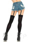 Leg Avenue Opaque Thigh Highs with Attached Garter OS Black worn with denim shorts and high heels, showcasing sexy hosiery style.