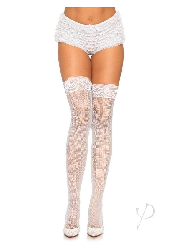 Leg Avenue Stay Up Lace Micro Net Thigh Highs in white, featuring a floral lace top and stylish thigh-high design.