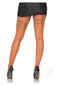 Leg Avenue Stay Up Lace Top Net Thigh High 1X 2X Cinnamon worn with a black skirt and high heels, showcasing elegance.