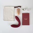 Hercules Remote C-Shape Vibrating Plug Wine Red with remote, USB charger, and storage pouch.