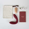 Hercules Remote C-Shape Vibrating Plug Wine Red with remote, USB charger, and storage pouch.