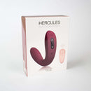 Hercules Remote C-Shape Vibrating Plug Wine Red packaging showcasing touch-powered pleasure features.