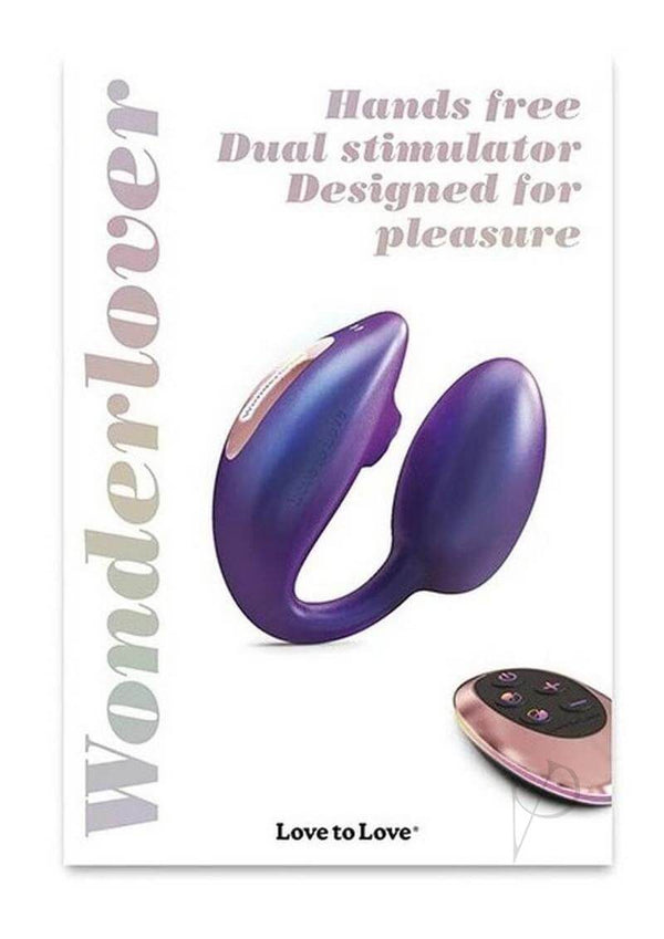 Wonderlover Hands Free Dual Stimulator with Remote Control showing ergonomic design and remote control for pleasure.