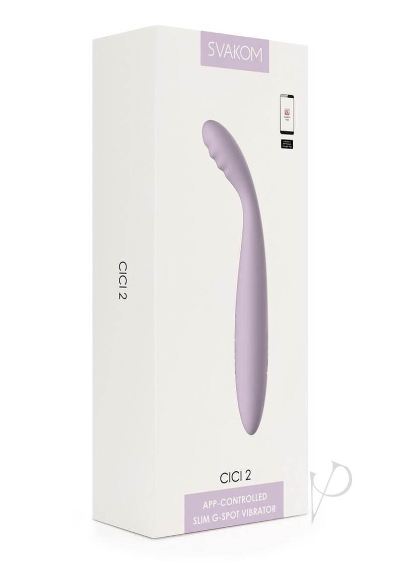 Svakom Cici 2 Lavender app-controlled slim G-spot vibrator packaging, designed for targeted pleasure and comfort.