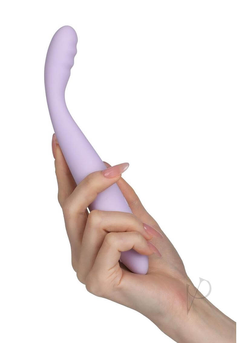 Hand holding the Svakom Cici 2 Lavender slim G-spot vibrator featuring a ribbed head and soft-touch silicone design.