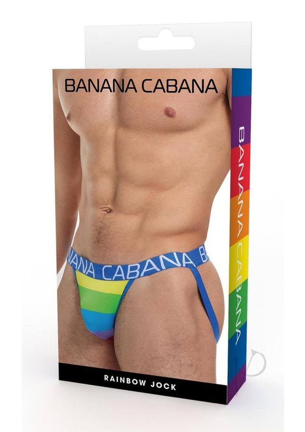Banana Cabana Rainbow Jock Small Medium packaging showcasing vibrant rainbow colors and stylish design.