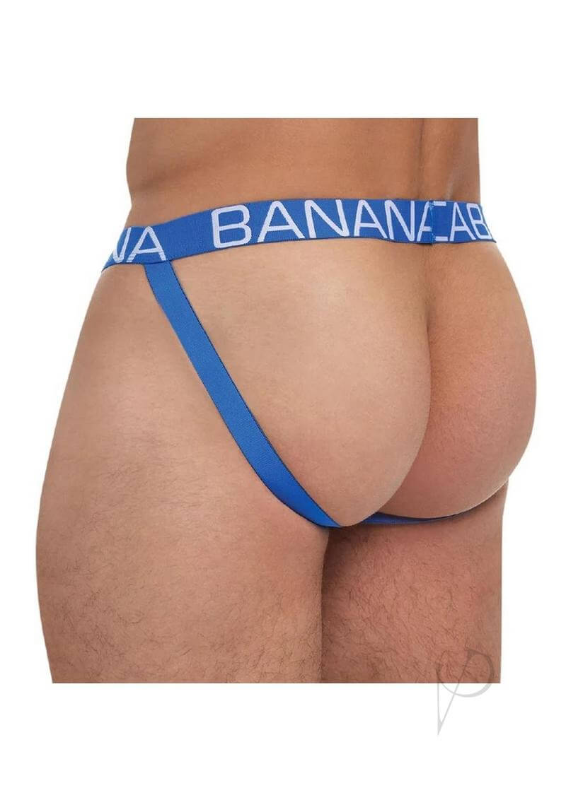 Banana Cabana Rainbow Jock Small Medium showing bold blue design and comfortable fit for self-expression.