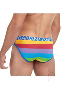 Model wearing Banana Cabana Rainbow Brazilian Briefs L XL showcasing vibrant rainbow design and comfortable fit.