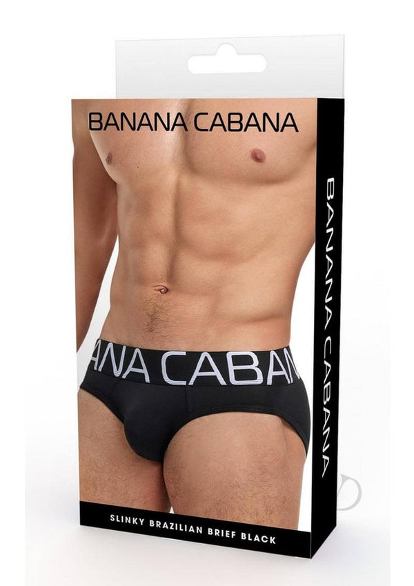 Banana Cabana Bikini Slinky Brazilian Brief Black M L packaging showcasing sleek men's underwear design.