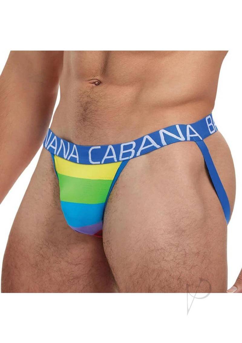 Banana Cabana Rainbow Jock L XL in vibrant colors worn by a model, highlighting its comfortable fit and stylish design.
