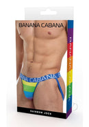 Banana Cabana Rainbow Jock Medium Large packaging showcasing vibrant colors and a stylish design.
