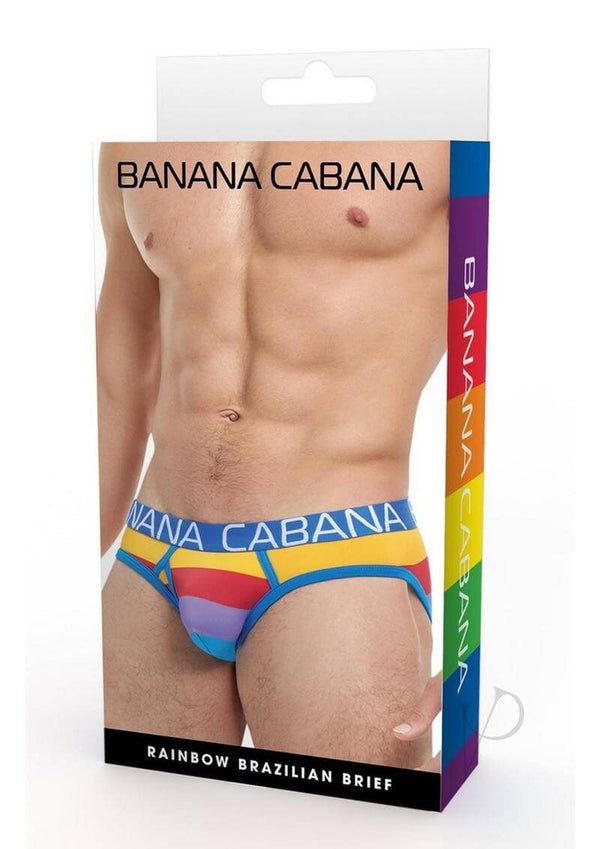 Banana Cabana Rainbow Brazilian Briefs Medium Large packaging showcasing vibrant colors and design.