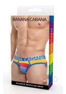 Packaging of Banana Cabana Rainbow Brazilian Brief Small Medium featuring vibrant rainbow colors and stylish design.