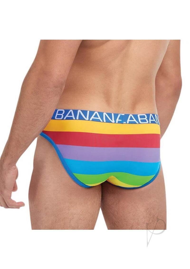 Banana Cabana Rainbow Brazilian Brief Small Medium showcasing vibrant rainbow colors on a man from the back.