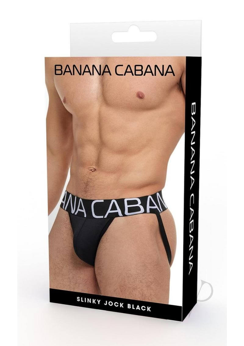 Banana Cabana Slinky Jock Black L XL packaging showcasing a men's sexy jockstrap in sleek black design.