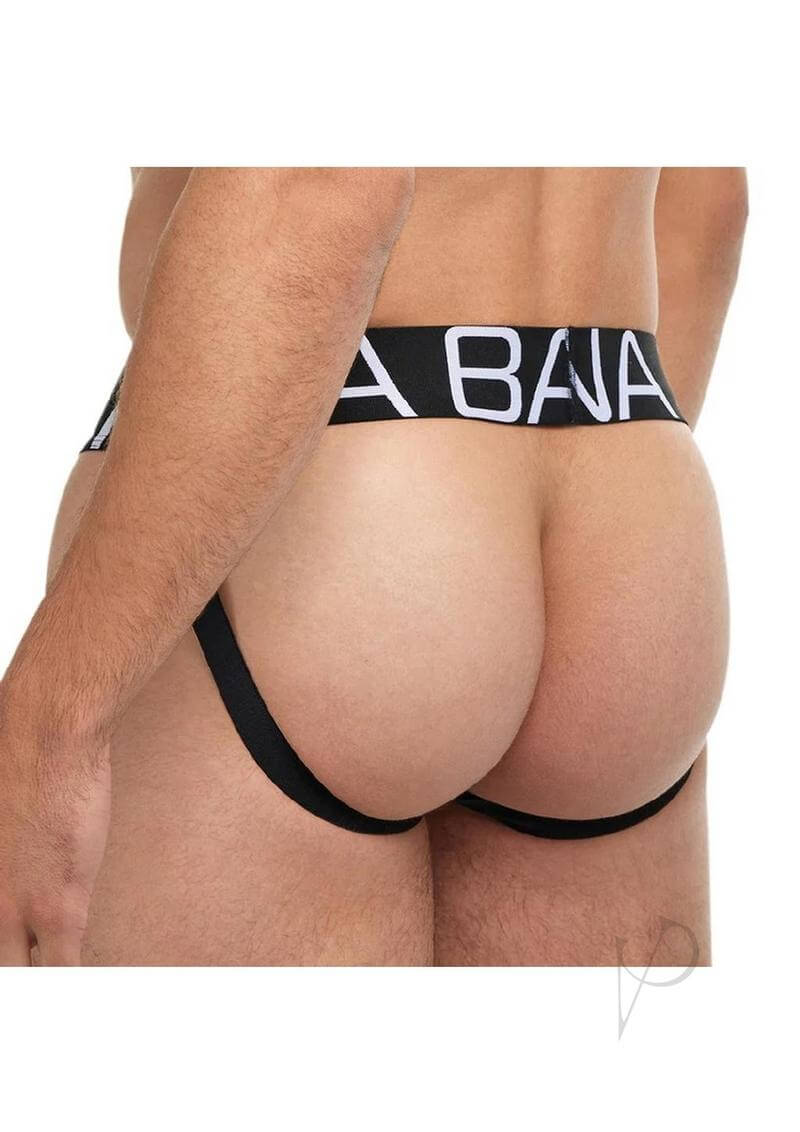 Banana Cabana Slinky Jock Black L XL showcasing the back view of a male model wearing the sleek jockstrap.