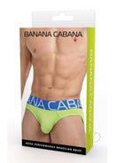 Packaging of Banana Cabana Mens Bikini Brief Small/Medium Green showcasing bold design and colors.