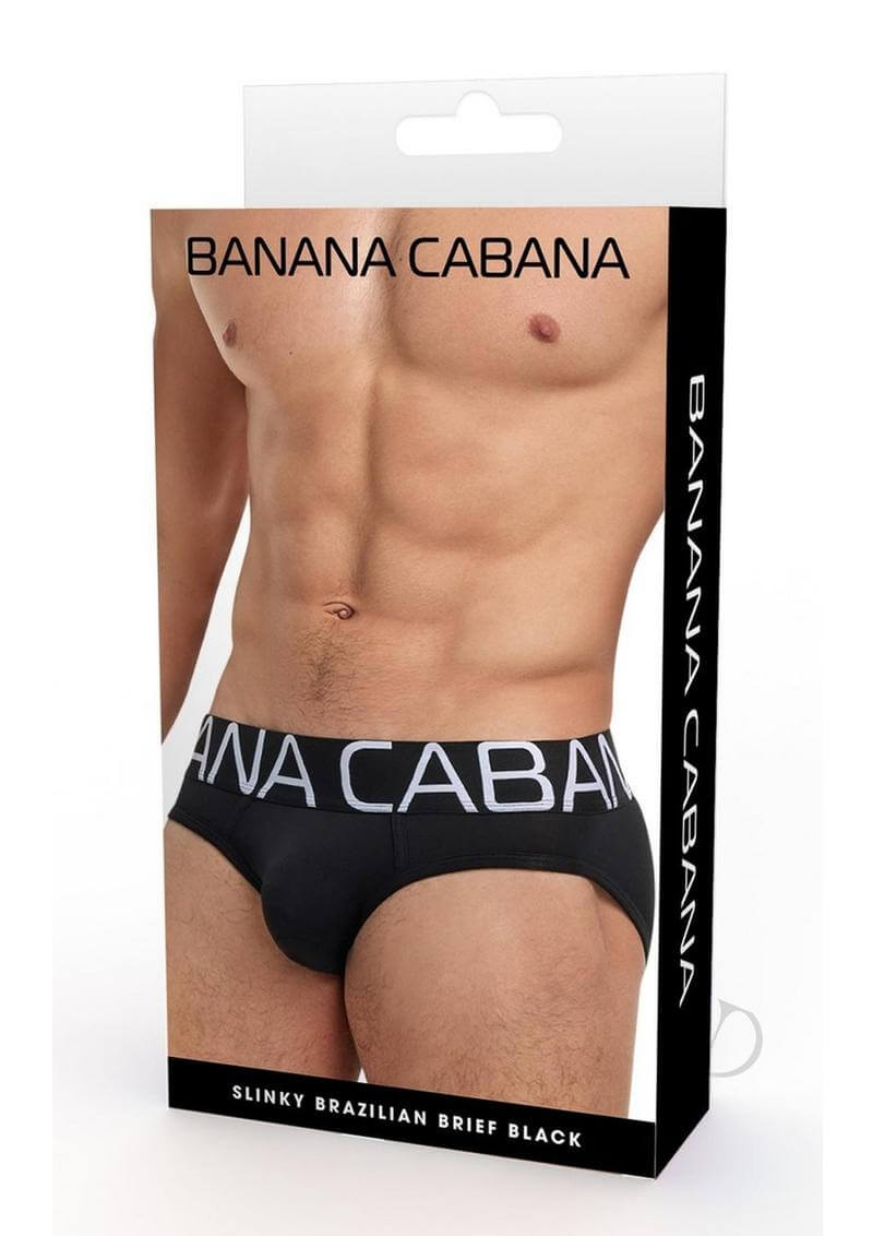 Banana Cabana Bikini Slinky Brazilian Brief Black L XL packaging showcasing modern men's underwear design.
