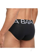 Banana Cabana Bikini Slinky Brazilian Brief Black L XL showing a man wearing a modern black bikini brief from the back.
