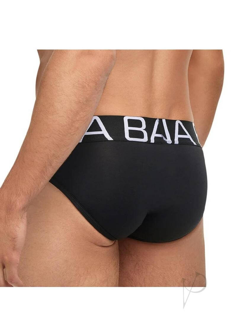 Banana Cabana Bikini Slinky Brazilian Brief Black L XL showing a man wearing a modern black bikini brief from the back.
